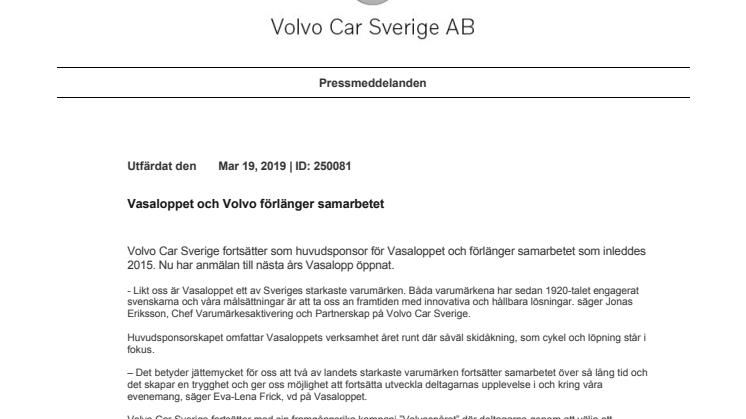 Vasaloppet och Volvo förlänger samarbetet