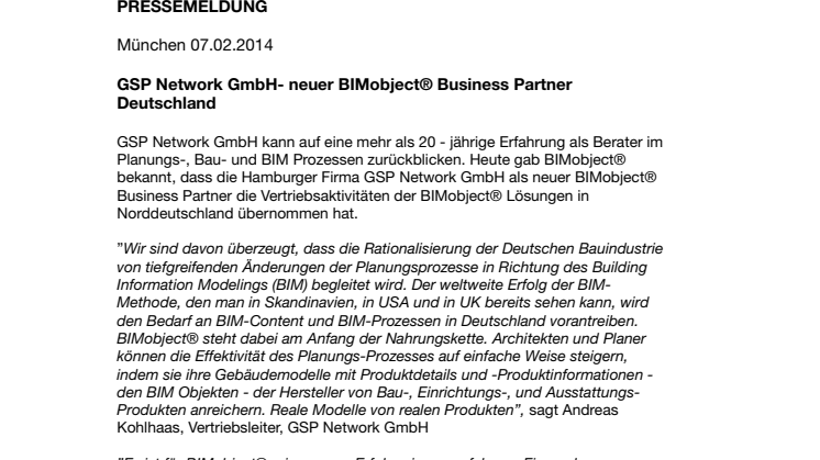 GSP Network GmbH- neuer BIMobject® Business Partner Deutschland