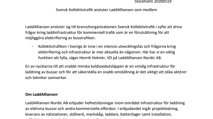 ​Svensk Kollektivtrafik ansluter LaddAlliansen som medlem