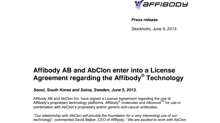 Affibody AB and AbClon enter into a License Agreement regarding the Affibody® Technology