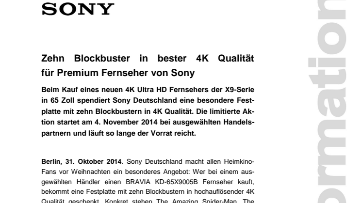 Zehn Blockbuster in bester 4K Qualität für Premium Fernseher von Sony