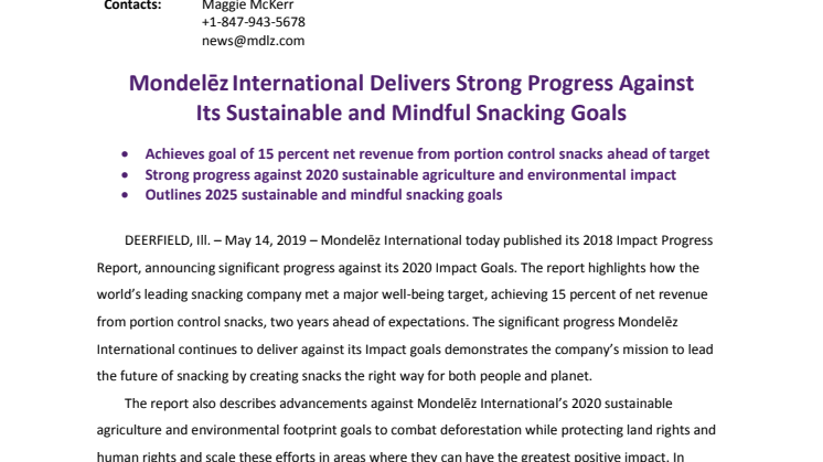 Mondelēz International Delivers Strong Progress Against Its Sustainable and Mindful Snacking Goals