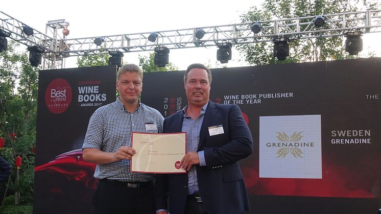 Christer Lindblom och Stefan Lindström från Grenadine bokförlag vann förstapriset i kategorin Best Wine Book Publisher of the Year vid Gourmand Awards. Foto: Pelle Agorelius, Grythyttan.