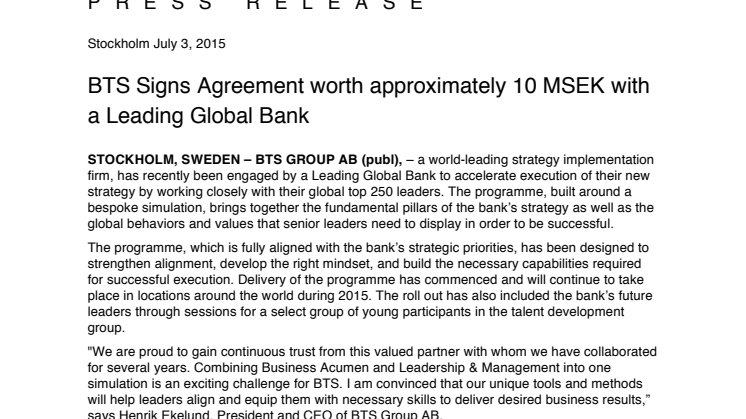 BTS Signs Agreement worth approximately 10 MSEK with a Leading Global Bank