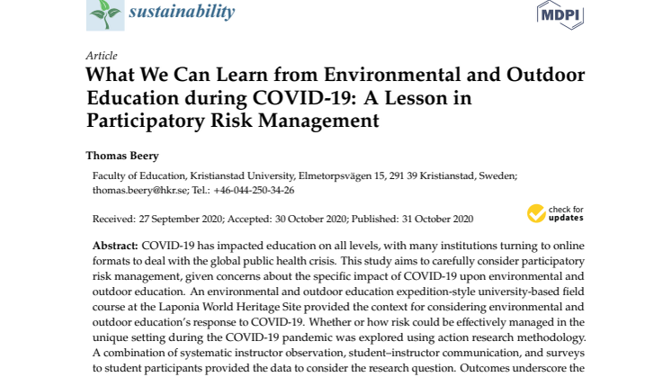 What We Can Learn from Environmental and Outdoor Education during COVID-19: A Lesson in Participatory Risk Management