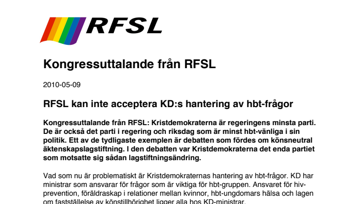 RFSL kan inte acceptera KD:s hantering av hbt-frågor