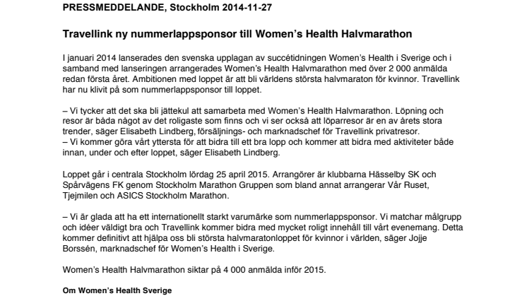 Travellink ny nummerlappsponsor till Women’s Health Halvmarathon