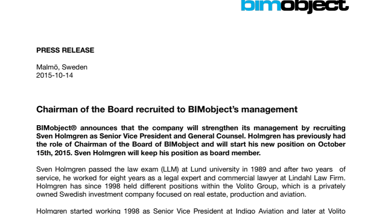 Chairman of the Board recruited to BIMobject’s management