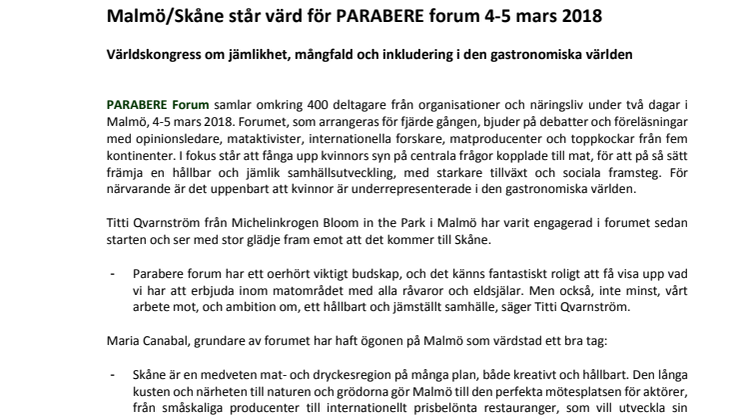 ​Malmö/Skåne står värd för PARABERE forum 4-5 mars 2018