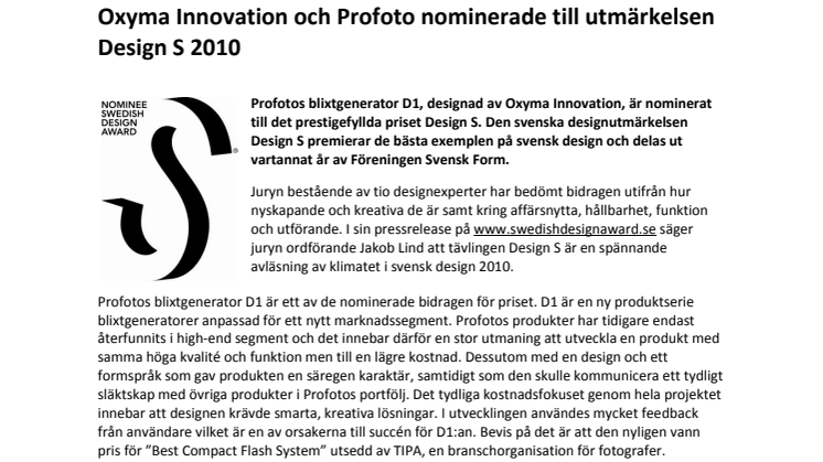 Oxyma Innovation och Profoto nominerade till utmärkelsen Design S 2010