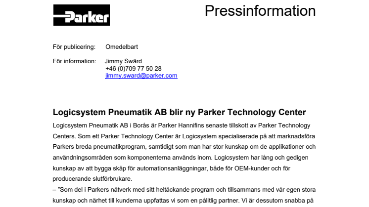 Logicsystem Pneumatik AB blir ny Parker Technology Center