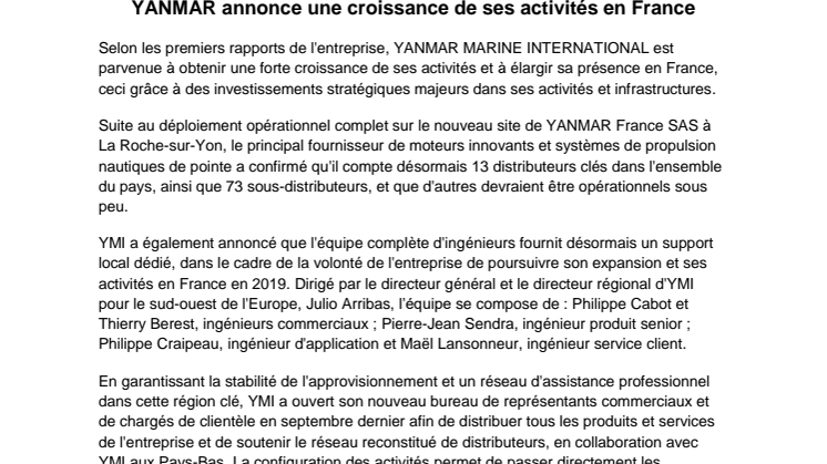 YANMAR annonce une croissance de ses activités en France