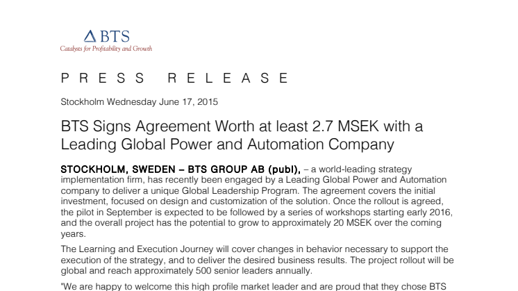 BTS Signs Agreement Worth at least 2.7 MSEK with a Leading Global Power and Automation Company