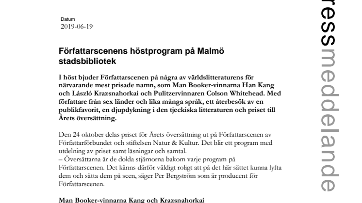 ​Författarscenens höstprogram på Malmö stadsbibliotek