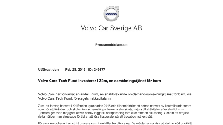 Volvo Cars Tech Fund investerar i Zūm, en samåkningstjänst för barn