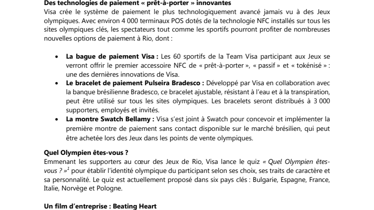 Visa fête 30 ans de partenariat olympique en lançant de nouvelles technologies de paiement «prêt-à-porter»