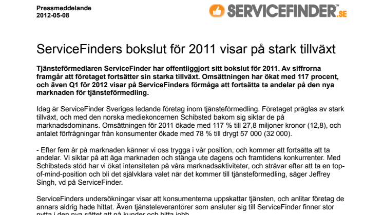 ServiceFinders bokslut för 2011 visar på stark tillväxt
