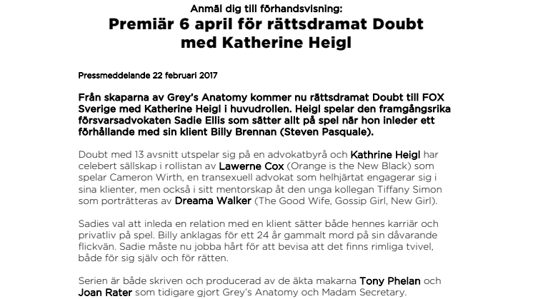 Premiär 6 april för rättsdramat Doubt  med Katherine Heigl 