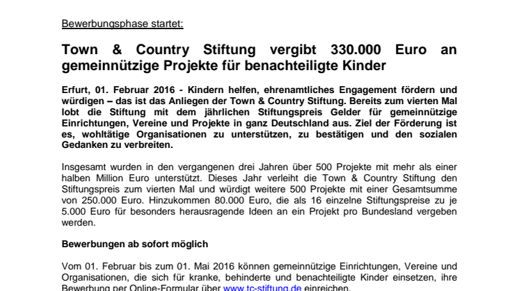 Bewerbungsphase startet: Town & Country Stiftung vergibt 330.000 Euro an gemeinnützige Projekte für benachteiligte Kinder