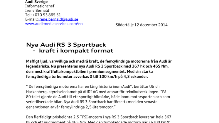 Nya Audi RS 3 Sportback - kraft i kompakt format