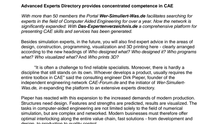 CAE press release: Advanced Experts Directory provides concentrated competence in CAE