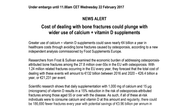 Cost of dealing with bone fractures could plunge with  wider use of calcium + vitamin D supplements 