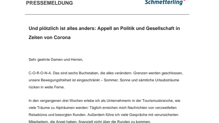 Und plötzlich ist alles anders: Appell an Politik und Gesellschaft in Zeiten von Corona