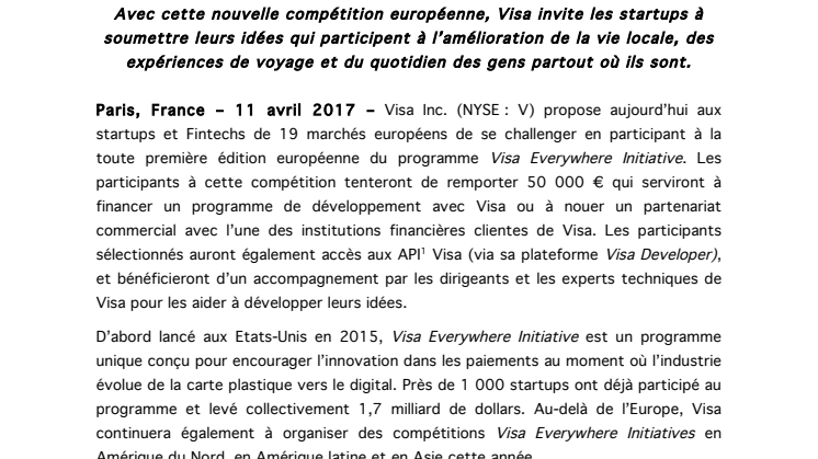 Premier « Visa Everywhere Initiative » en Europe :  la compétition est ouverte pour tenter de gagner  50 000 €
