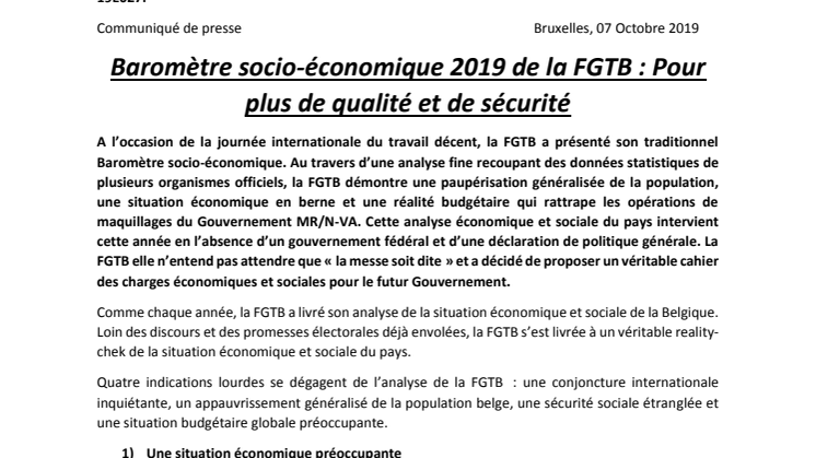Baromètre socio-économique 2019 de la FGTB : Pour plus de qualité et de sécurité 