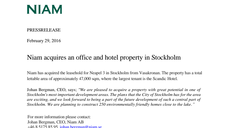 Niam acquires an office and hotel property in Stockholm 