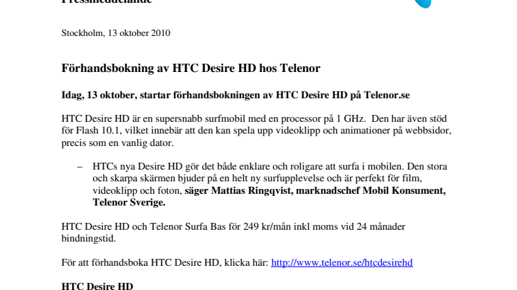 Förhandsbokning av HTC Desire HD hos Telenor