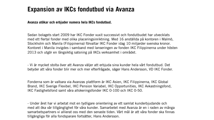 Expansion av IKCs fondutbud via Avanza