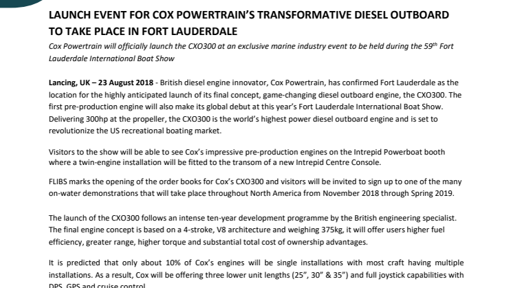 Cox Powertrain: Launch Event for Cox Powertrain's Transformative Diesel Outboard to Take Place in Fort Lauderdale