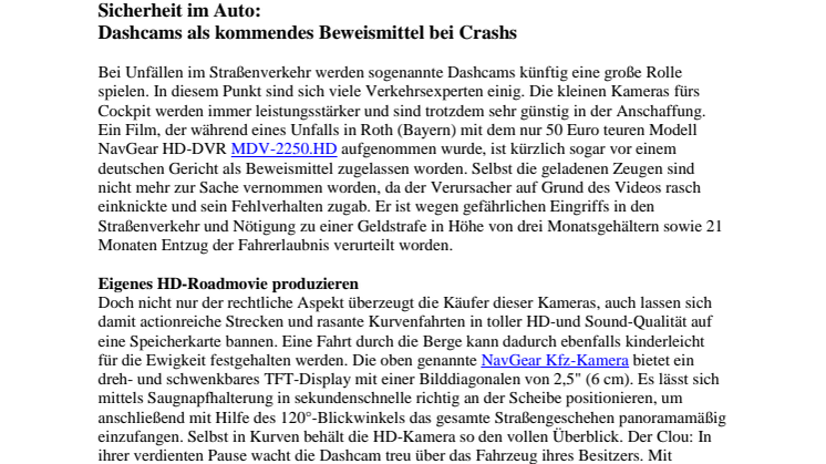 Sicherheit im Auto: Dashcams als kommendes Beweismittel bei Crashs