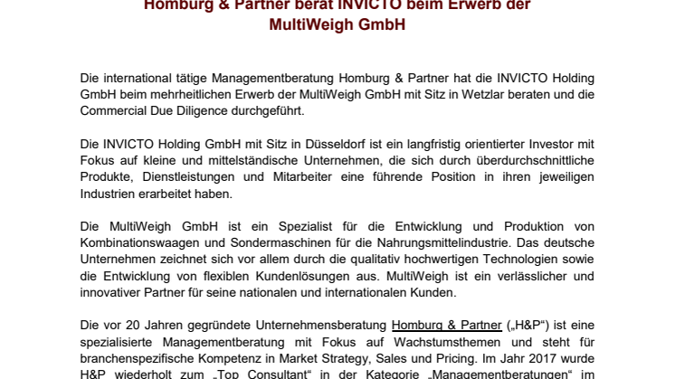 Homburg & Partner berät INVICTO beim Erwerb der MultiWeigh GmbH