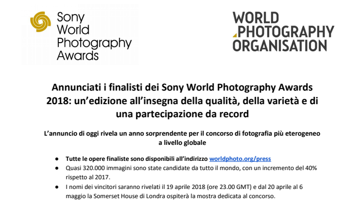 Annunciati i finalisti dei Sony World Photography Awards 2018: un’edizione all’insegna della qualità, della varietà e di una partecipazione da record