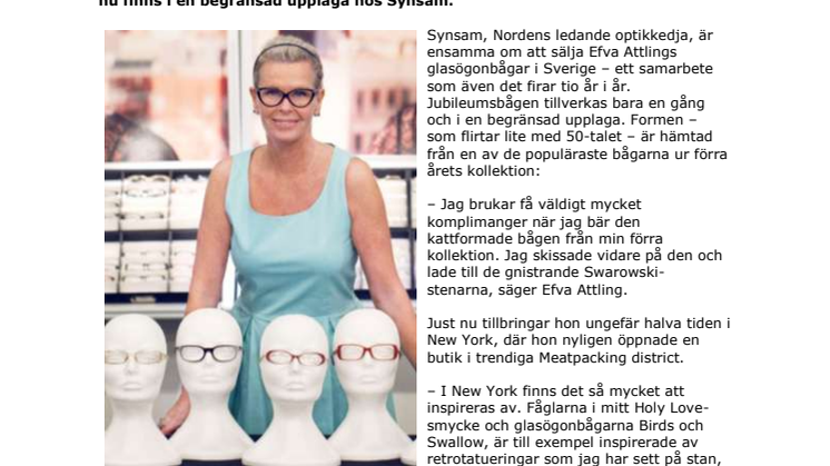 Efva Attling firar tio år som glasögondesigner - släpper limiterad jubileumsbåge på Synsam