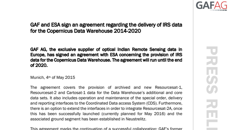 GAF and ESA sign an agreement regarding the delivery of IRS data for the Copernicus Data Warehouse 2014-2020