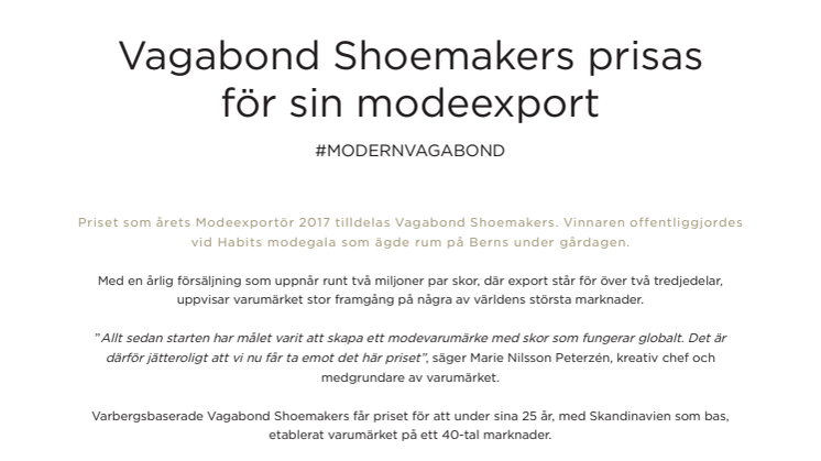 Vagabond Shoemakers prisas för sin modeexport