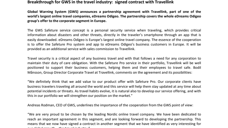Breakthrough for GWS in the travel industry: signed contract with Travellink