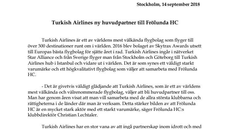 Turkish Airlines ny huvudpartner till Frölunda HC