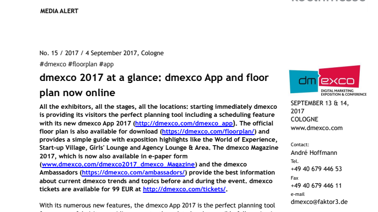 dmexco 2017 at a glance: dmexco App and floor plan now online