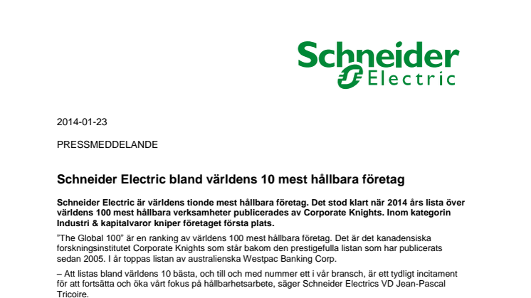 Schneider Electric bland världens 10 mest hållbara företag