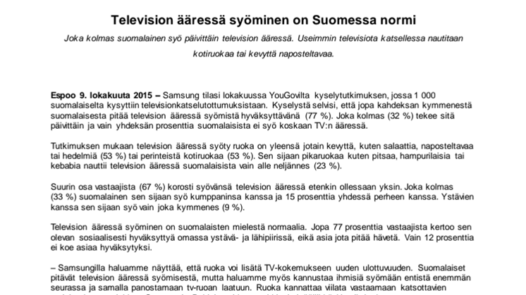 Television ääressä syöminen on Suomessa normi