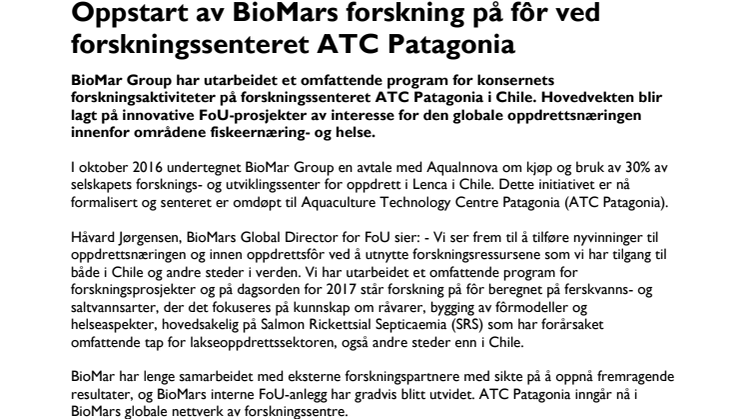 Oppstart av BioMars forskning på fôr ved forskningssenteret ATC Patagonia