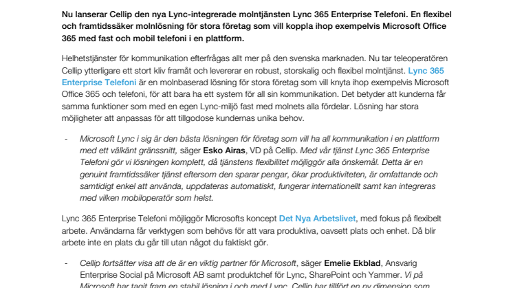 Cellip lanserar Lync 365 Enterprise Telefoni