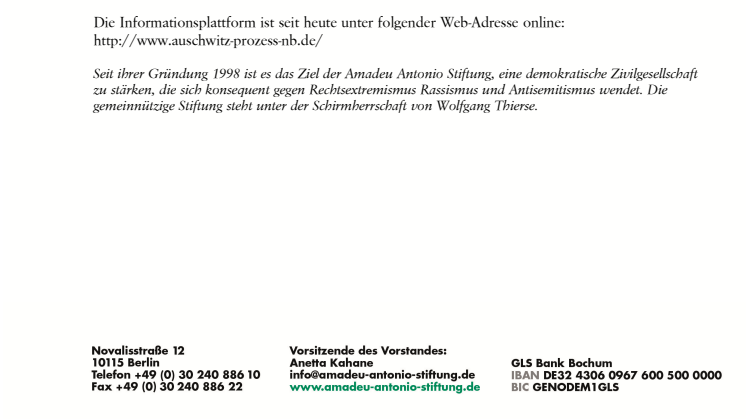 Informationsplattform zu Auschwitz-Prozess in Neubrandenburg ab heute online - Amadeu Antonio Stiftung unterstützt lokale Auseinandersetzung mit SS-Verbrechen