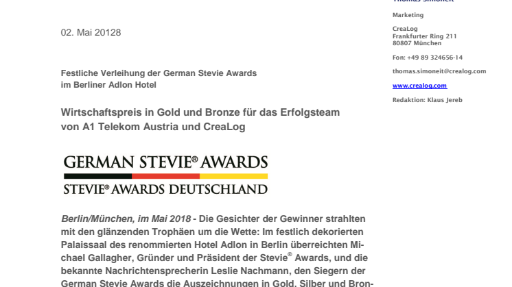Wirtschaftspreis in Gold und Bronze für das Erfolgsteam von A1 Telekom Austria und CreaLog
