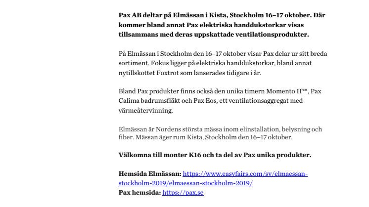 Pax deltar på Elmässan i Stockholm 16–17 oktober