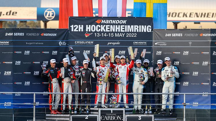 Andreas Bäckman together with his teammates in Lestrup Racing Team on the podium after clinching the third place in the Hankook 12h Hockenheimring race. Photo: 24H SERIES (Free rights to use the images)